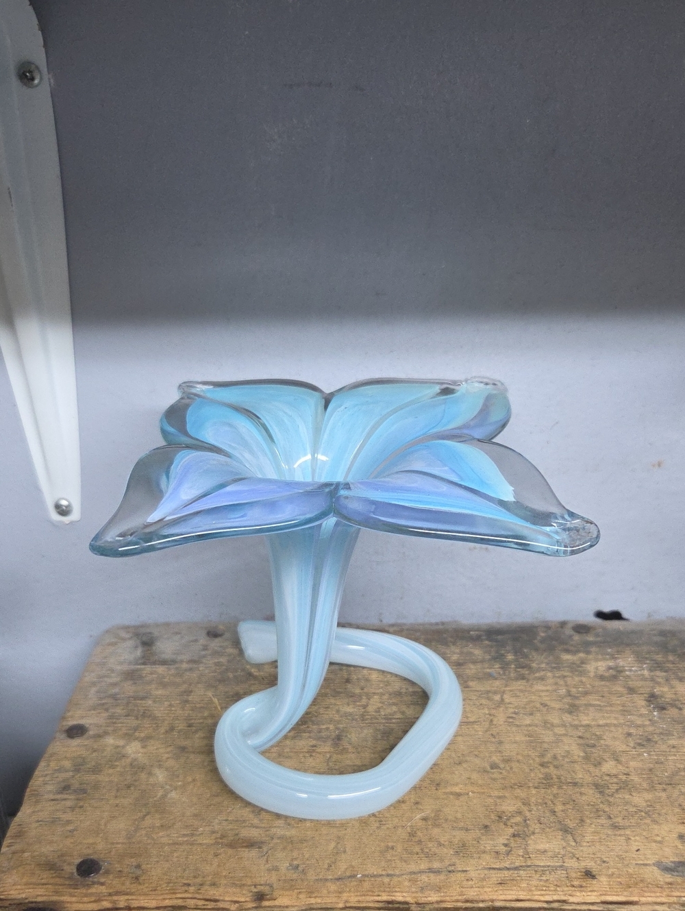 Mid-Century Modern Blue & White Hand Blown Glass Jack-in-the-Pulpit Spiral Base